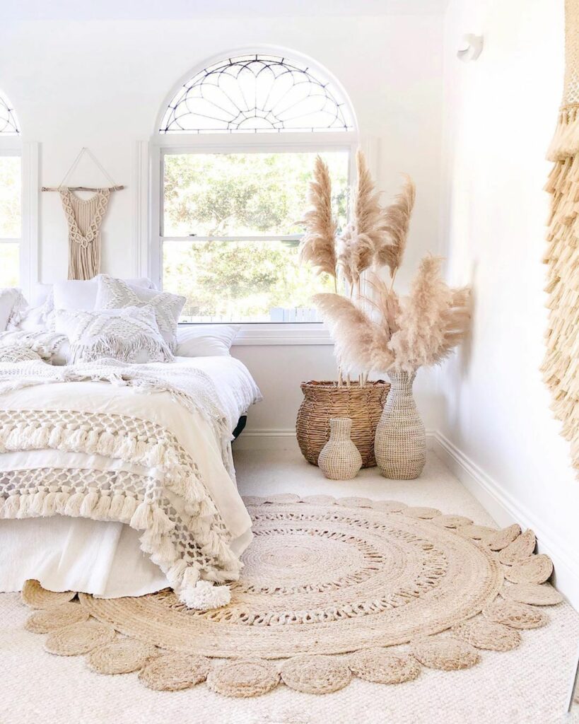 déco intérieure plaid housse coussin macramé tapis fibres naturelles herbes de la pampa déco clematc