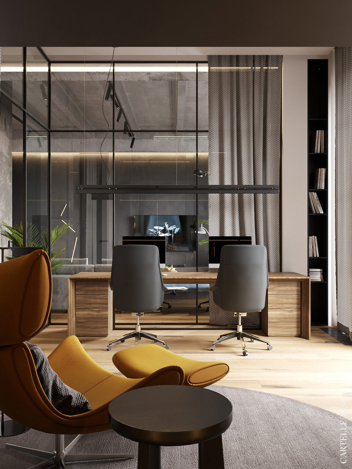 espace télétravail maison loft à Moscou verrière salon design moderne