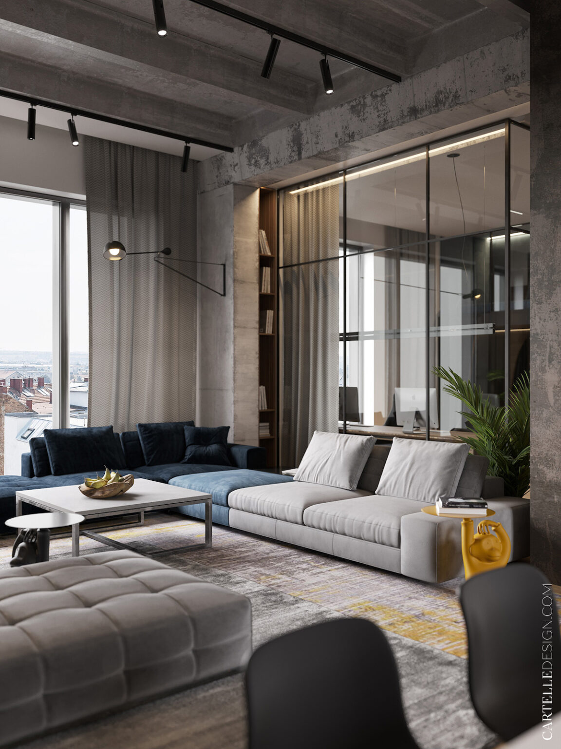 loft à Moscou salon gris bleu canapé modulable mur béton
