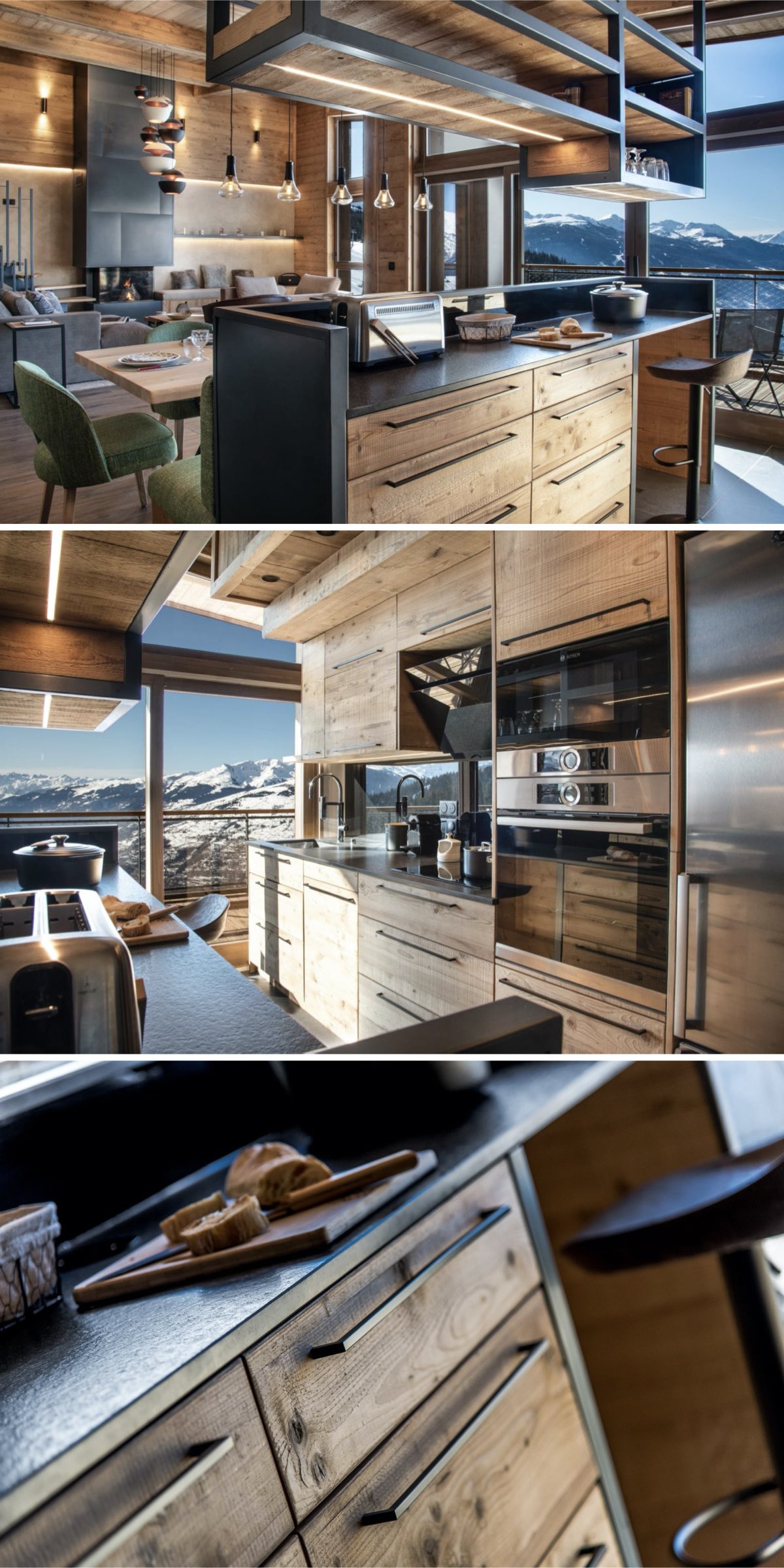 rénovation d'un appartement de montagne style chalet cuisine bois métal noire moderne