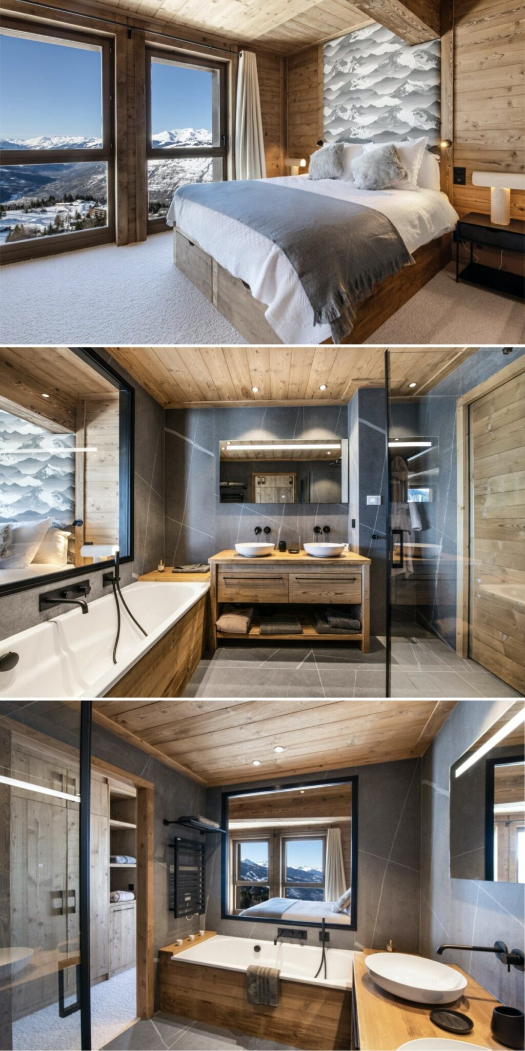 rénovation d'un appartement de montagne suite parentale salle de bain ouverte chambre vue