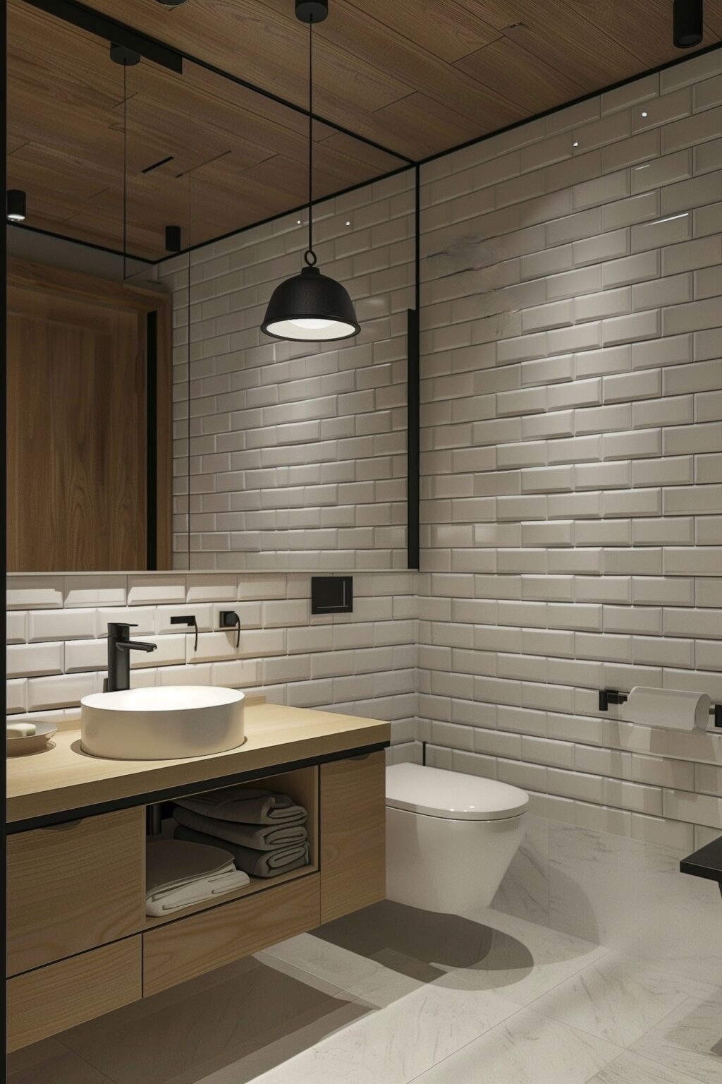 salle de bain mur carrelage métro meuble bois décoration épurée