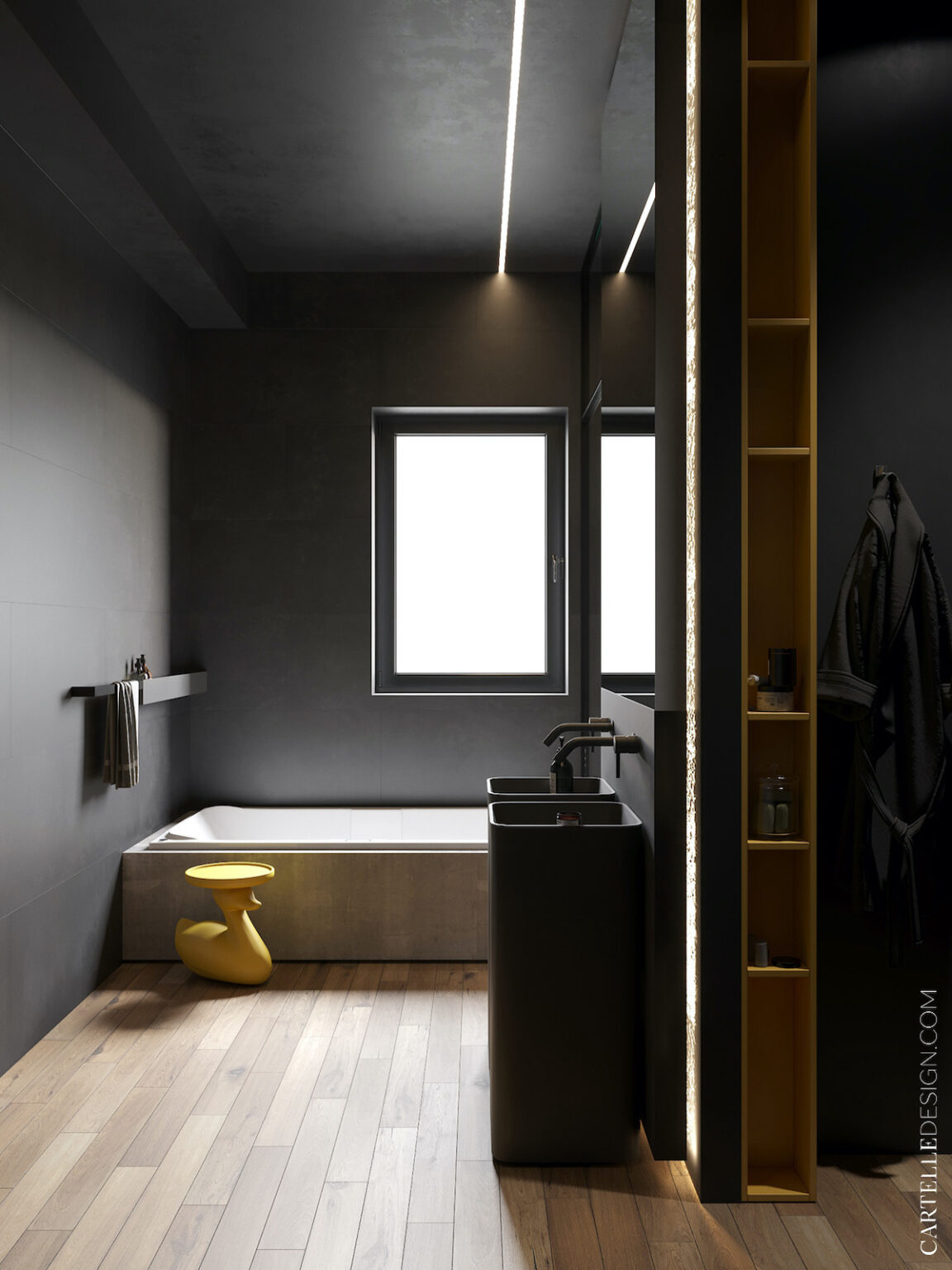 salle de bain noire baignoire béton table basse en forme de canard jaune plastique parquet