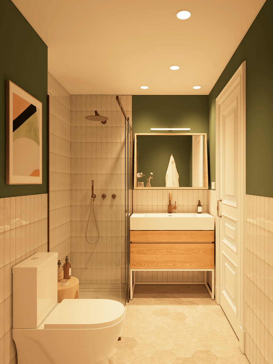 salle de douche aménagement personne agée décoration bois vert kaki moderne