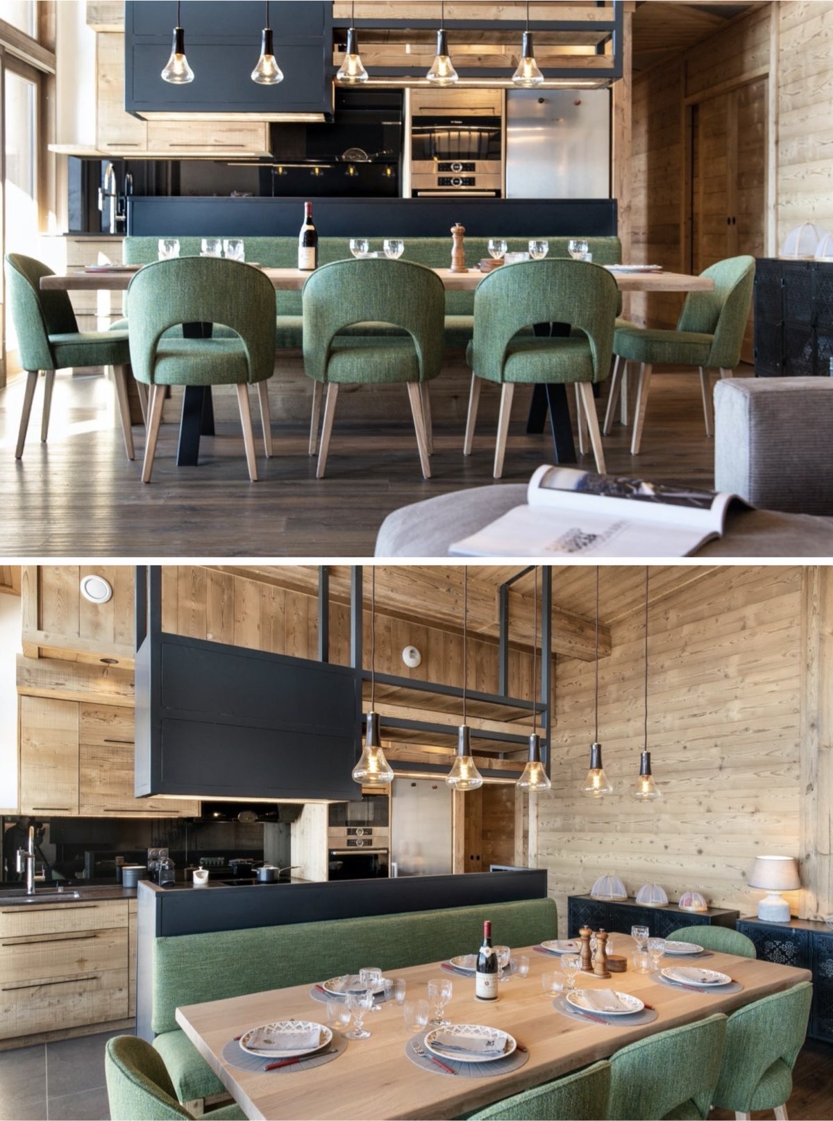 style chalet luxe Arc salon bois vert salle à manger banquette
