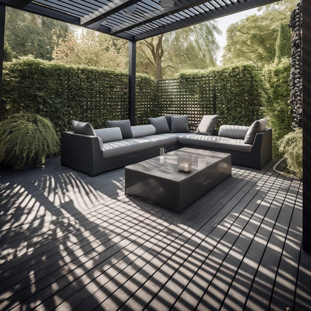 terrasse abritée avec treillis végétal lierre chèvre-feuille