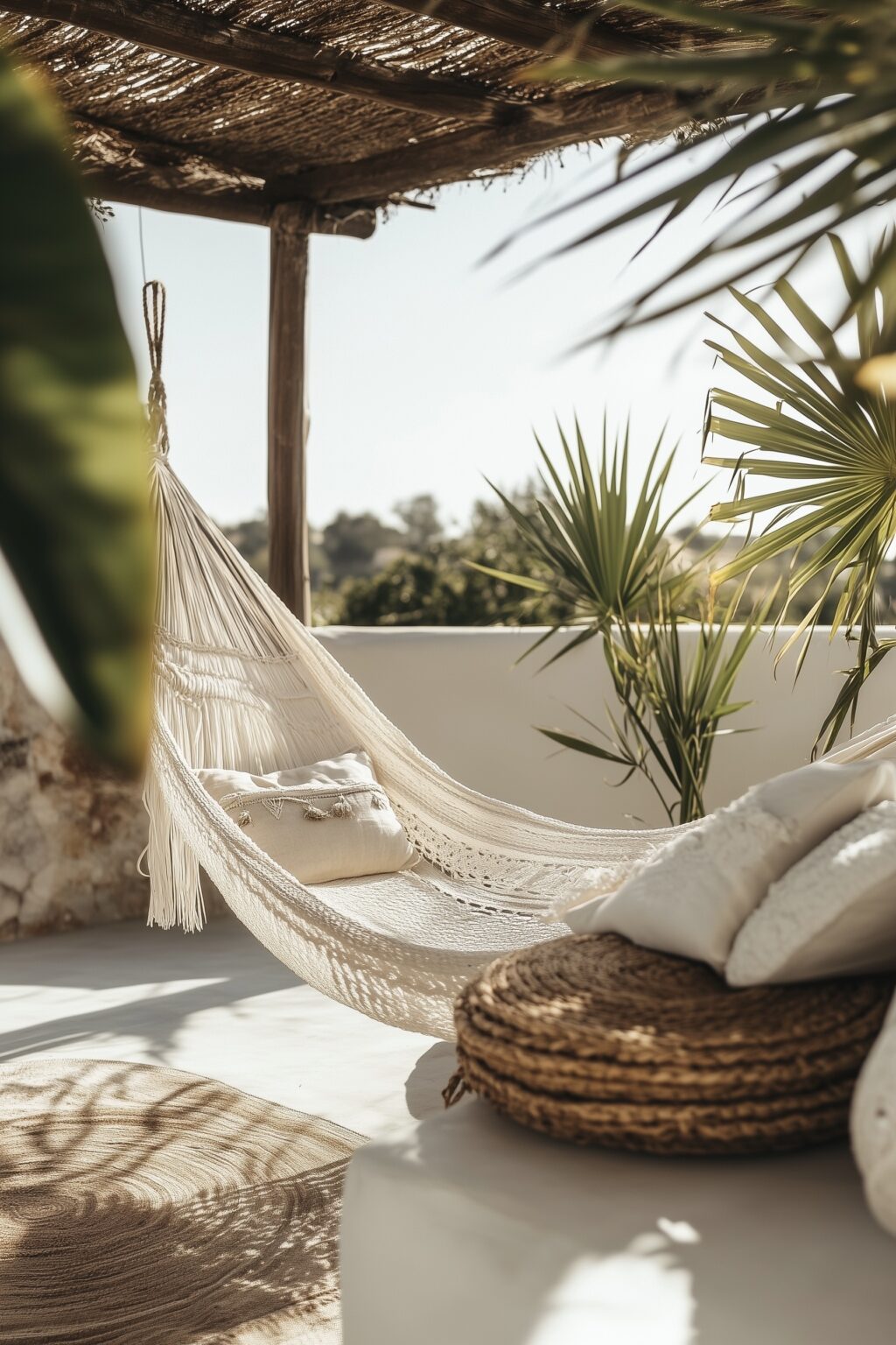aménagement balcon style boho beige hamac macramé