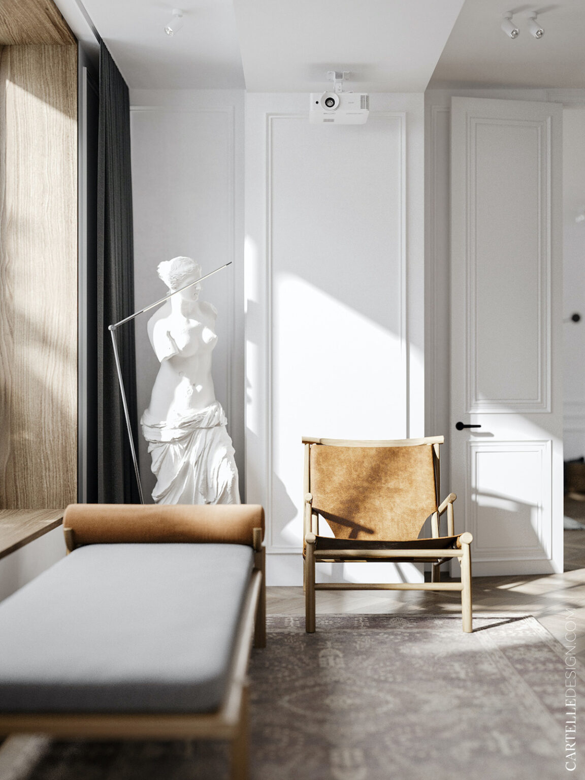 canapé banquette daybed scandinave statue grecque antique salon décoration amateur art