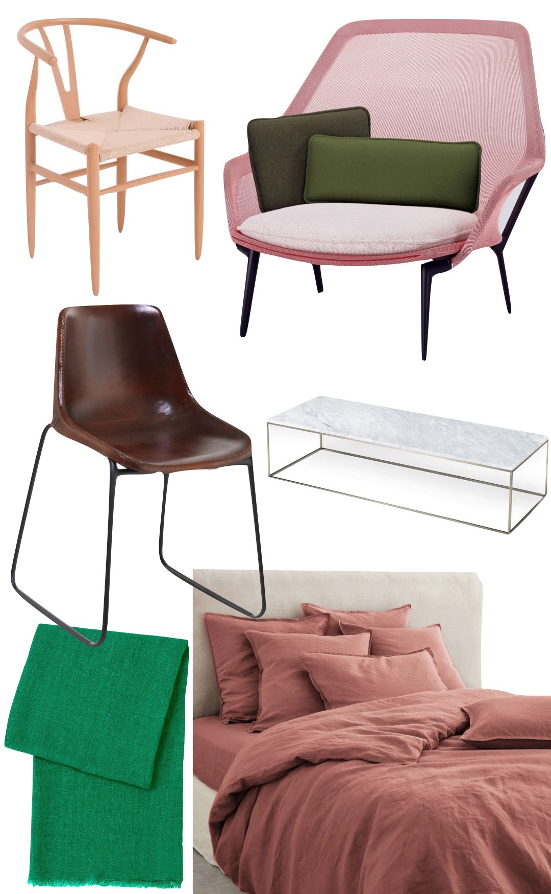 chaise design scandinave fauteuil toile rose coussin vert kaki