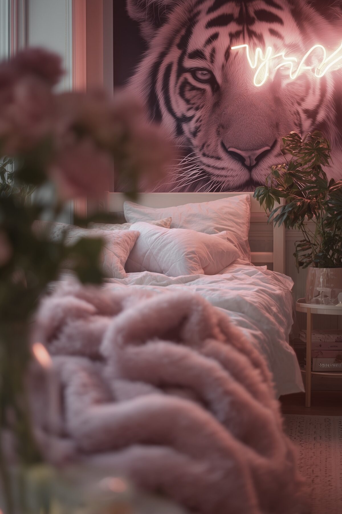 chambre fille rose tigre néon mural