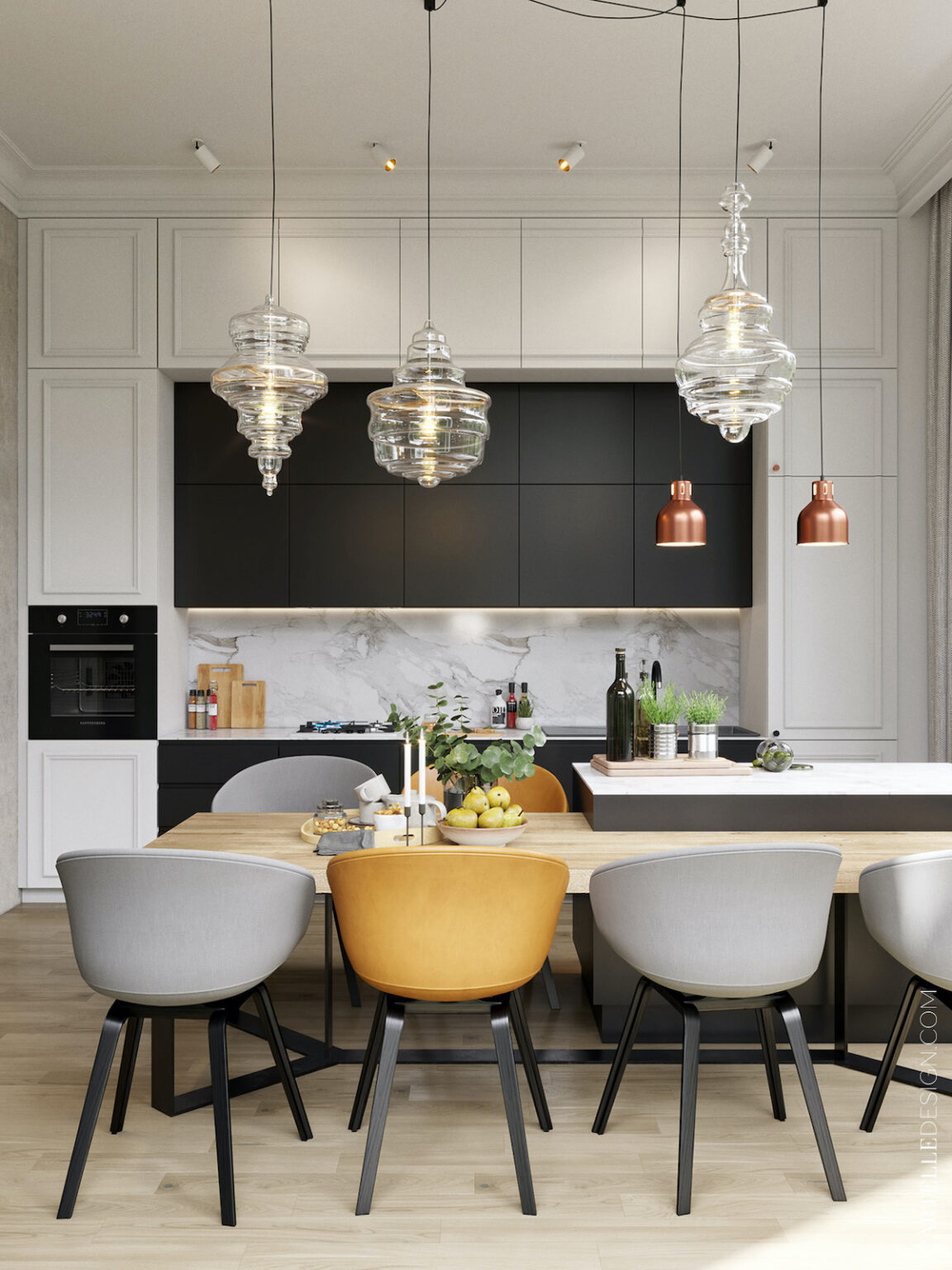 cuisine ouverte salle à manger rétro moderne grise blanche noire - blog déco clemaroundthecorner