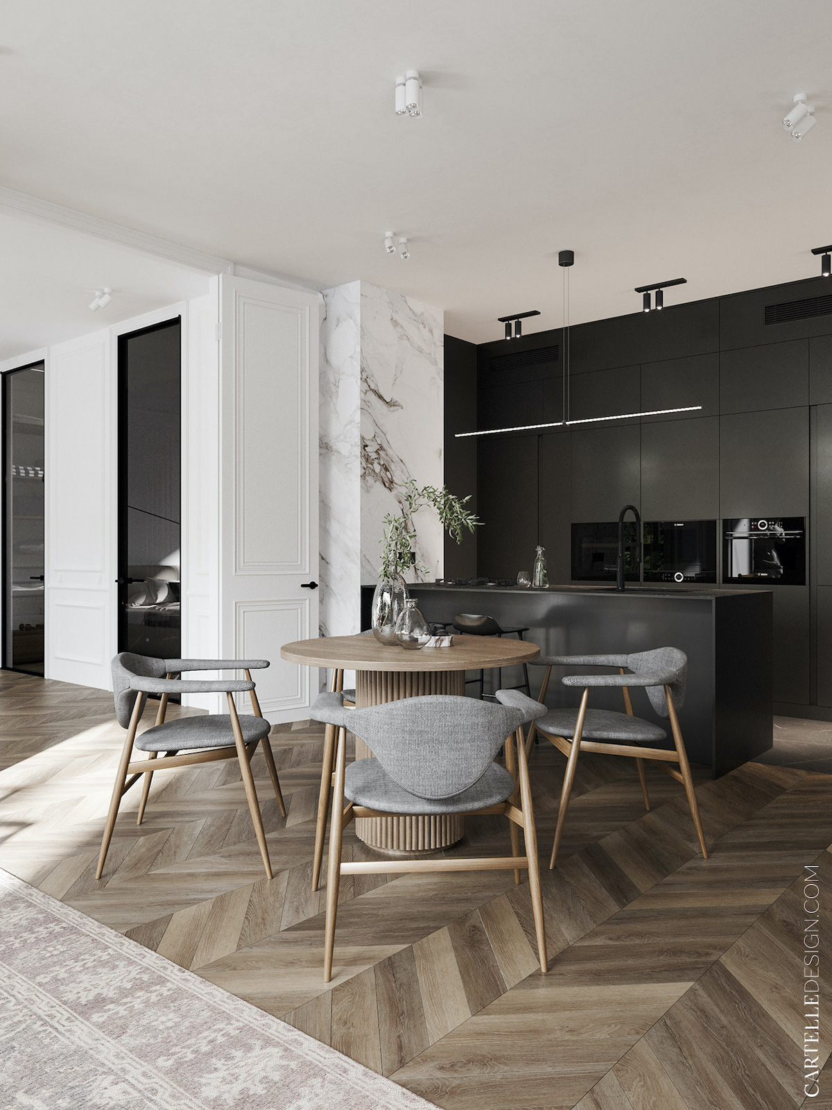 cuisine ouverte appartement noir blanc bois scandinave moderne