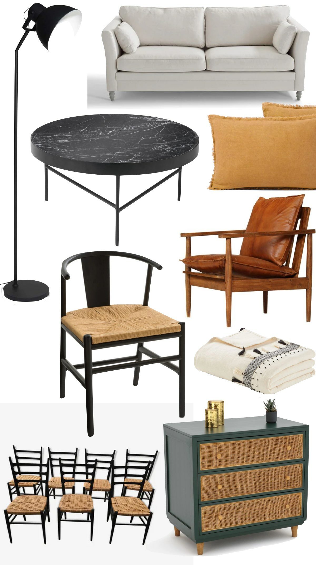 idée décoration salon canapé écru coussin lin ocre commode verte cannage chaise noir bois