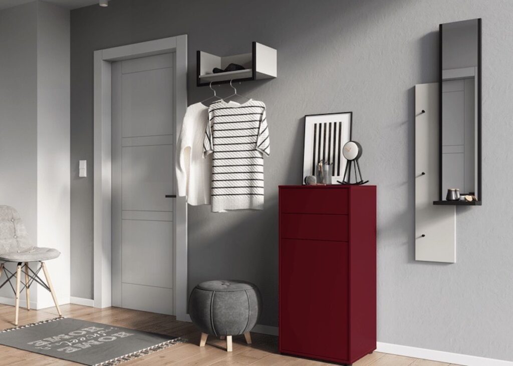 miroir entrée moderne meuble chaussure rouge pouf tapis