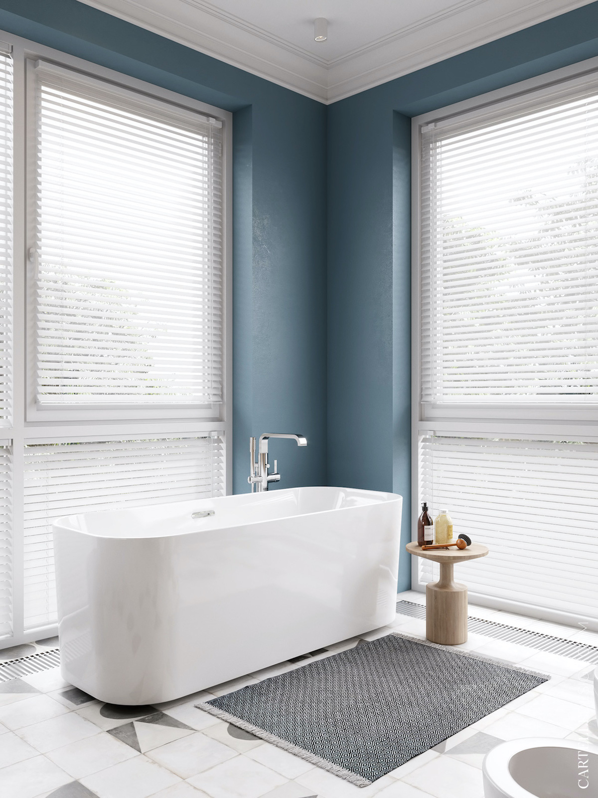 salle de bain baignoire ilot blanche bleu carreaux ciment gris motif géométrique