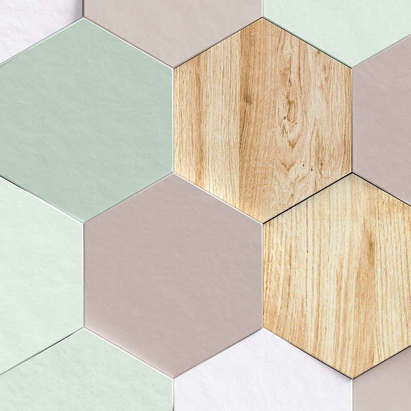carrelage mixte géométrique bois taupe vert pastel