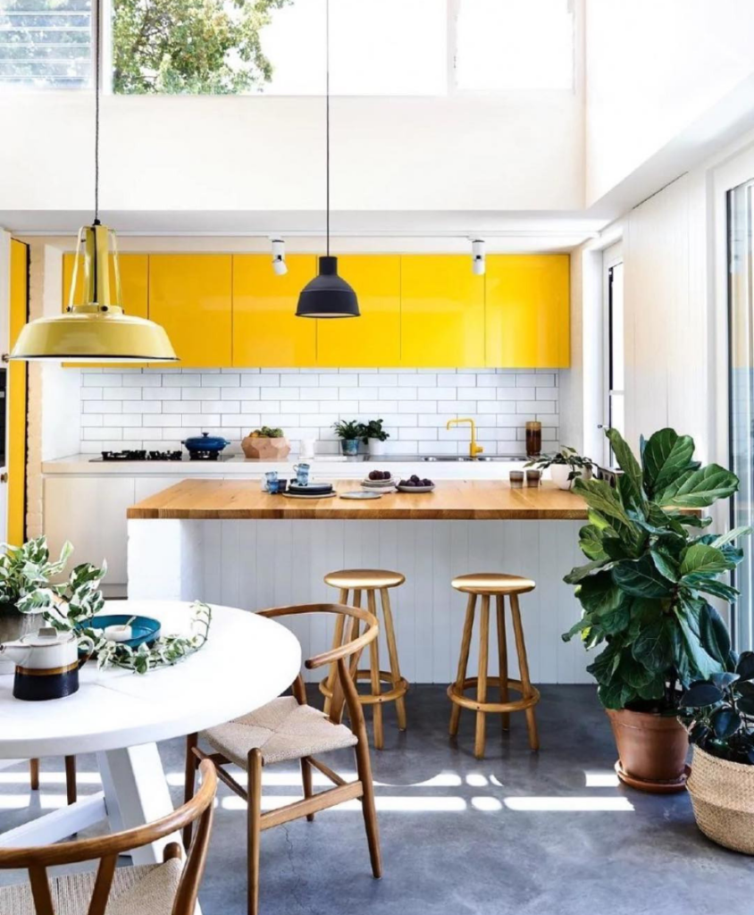 cuisine jaune bar tabouret haut rond en bois plante verte sol effet béton