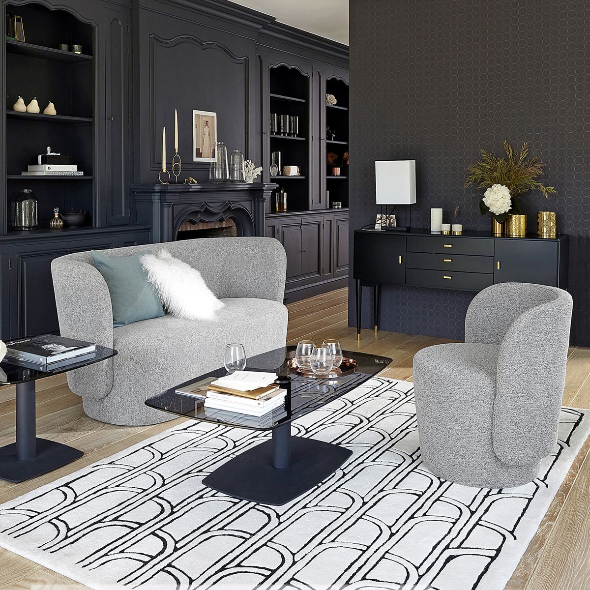 salon néo classique design décoration noir blanche - blog clem around the corner