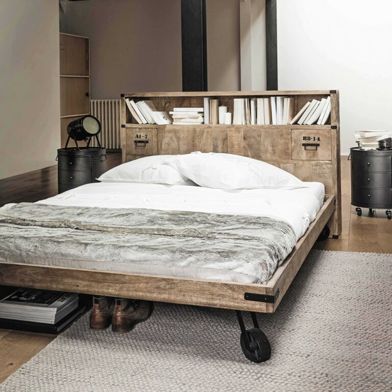 tête de lit avec rangement en manguier massif bois roulette style industriel atelier loft chambre