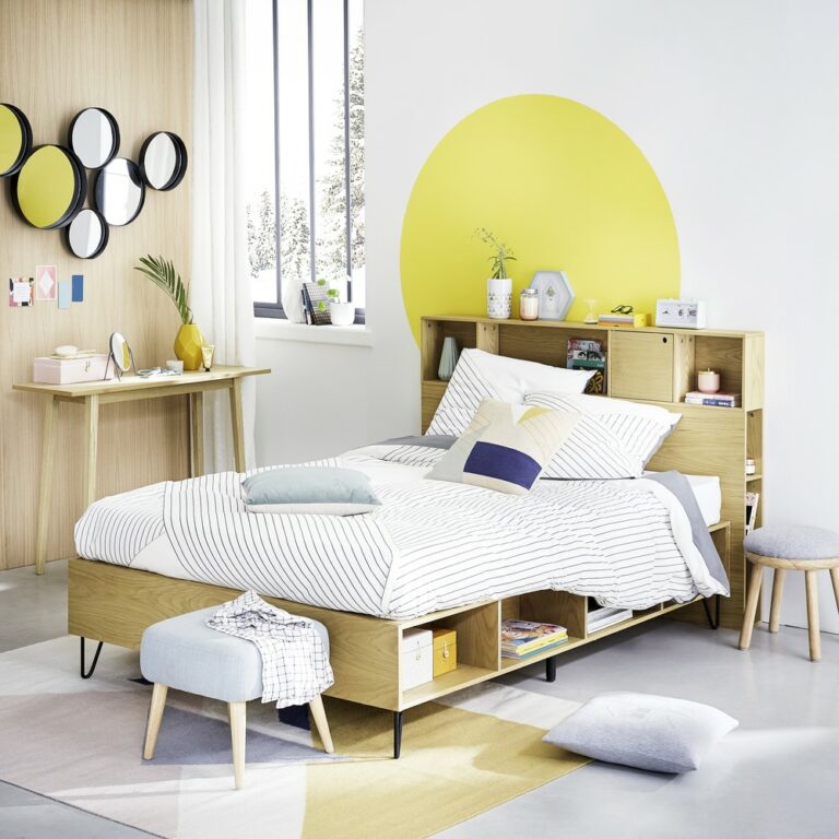 tête de lit avec rangement scandinave chic bois chambre rond peinture jaune murale chambre ado fille