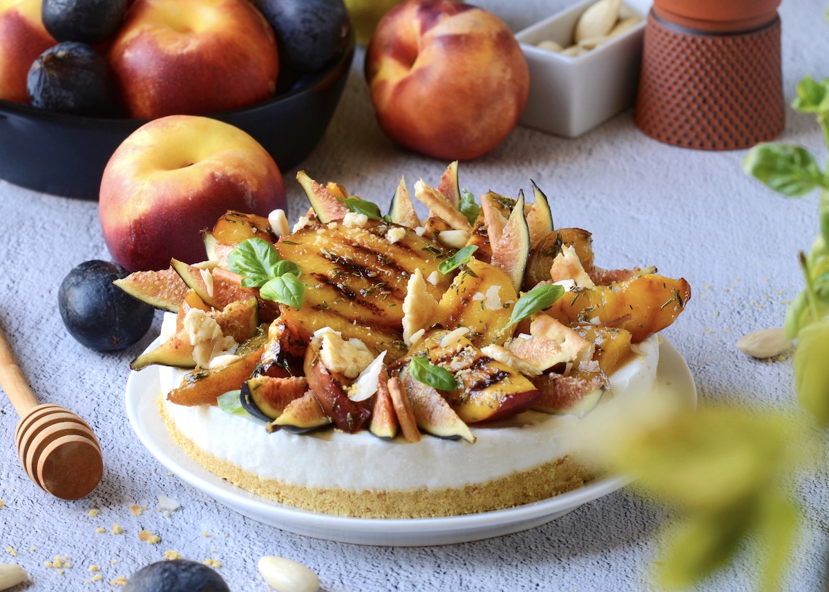 Recette cheesecake chèvre figues et nectarines rôties au miel