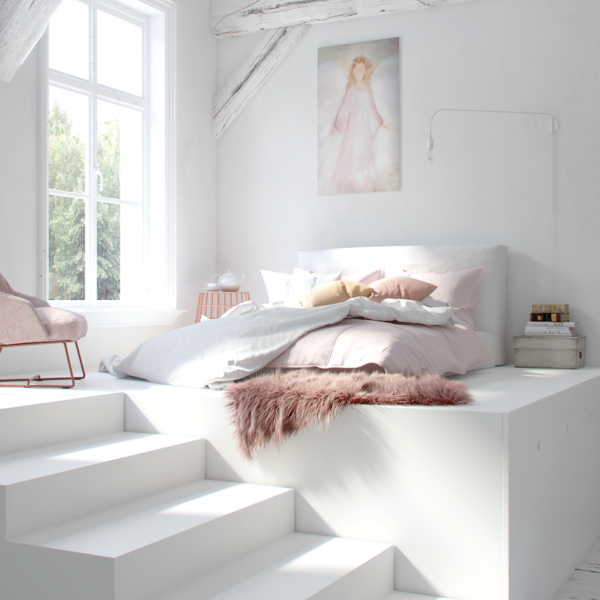 lit estrade blanc tapis fourrure rose pastel poutre bois