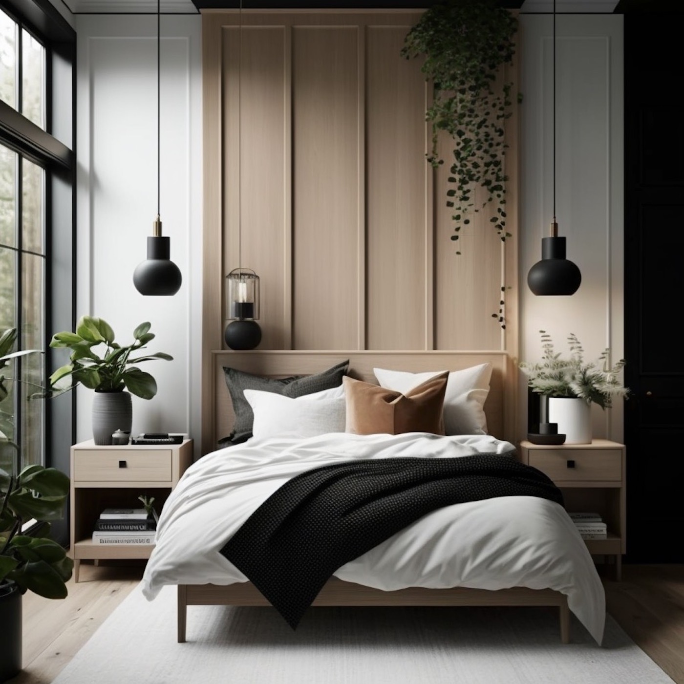 loft master bedroom panneau en bois lin plante intérieur