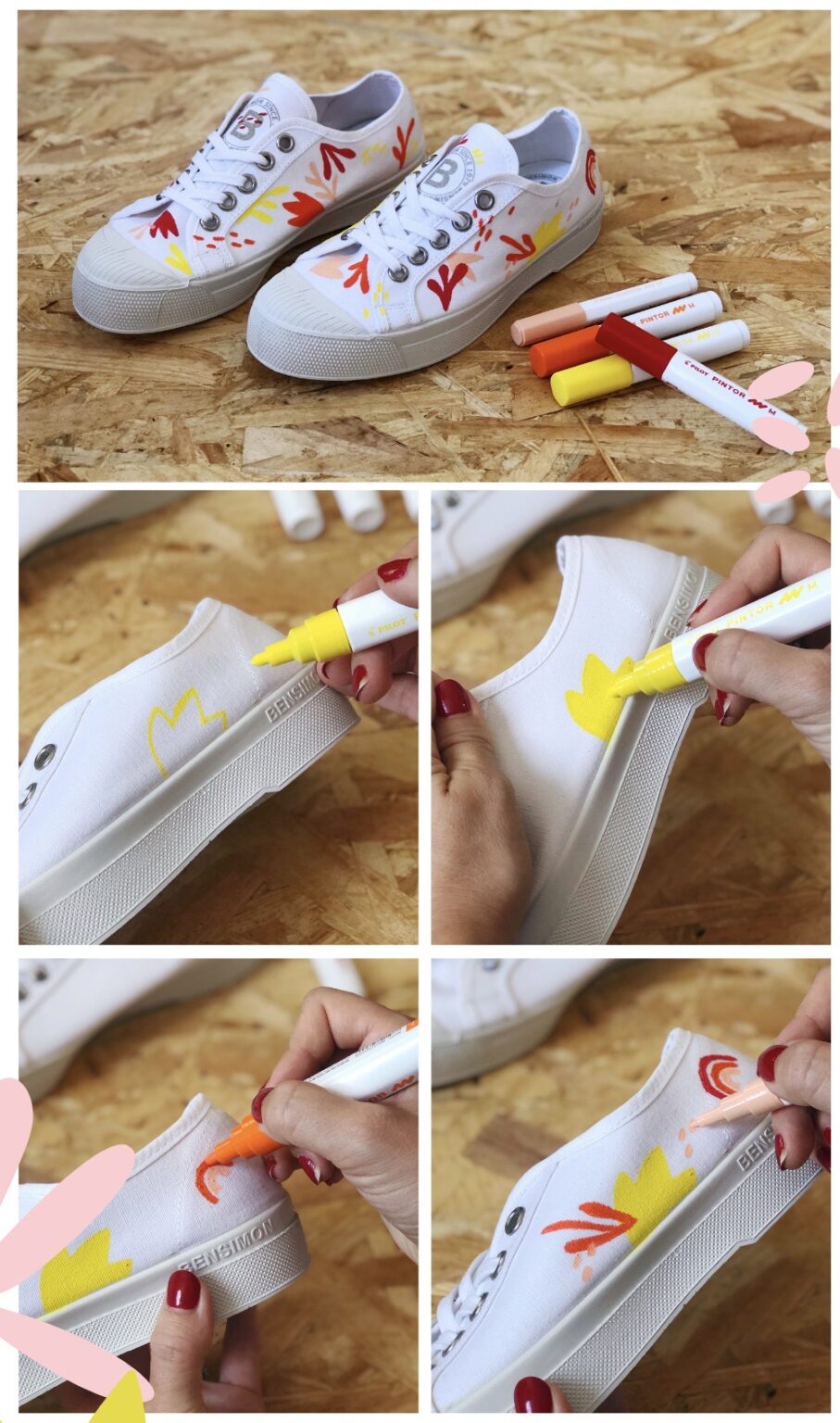personnaliser tennis basket blanche en toile dessin feutre feuille
