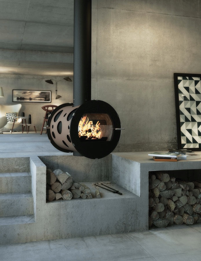 poêle à bois suspendu design maison ciment contemporain - blog déco - clematc