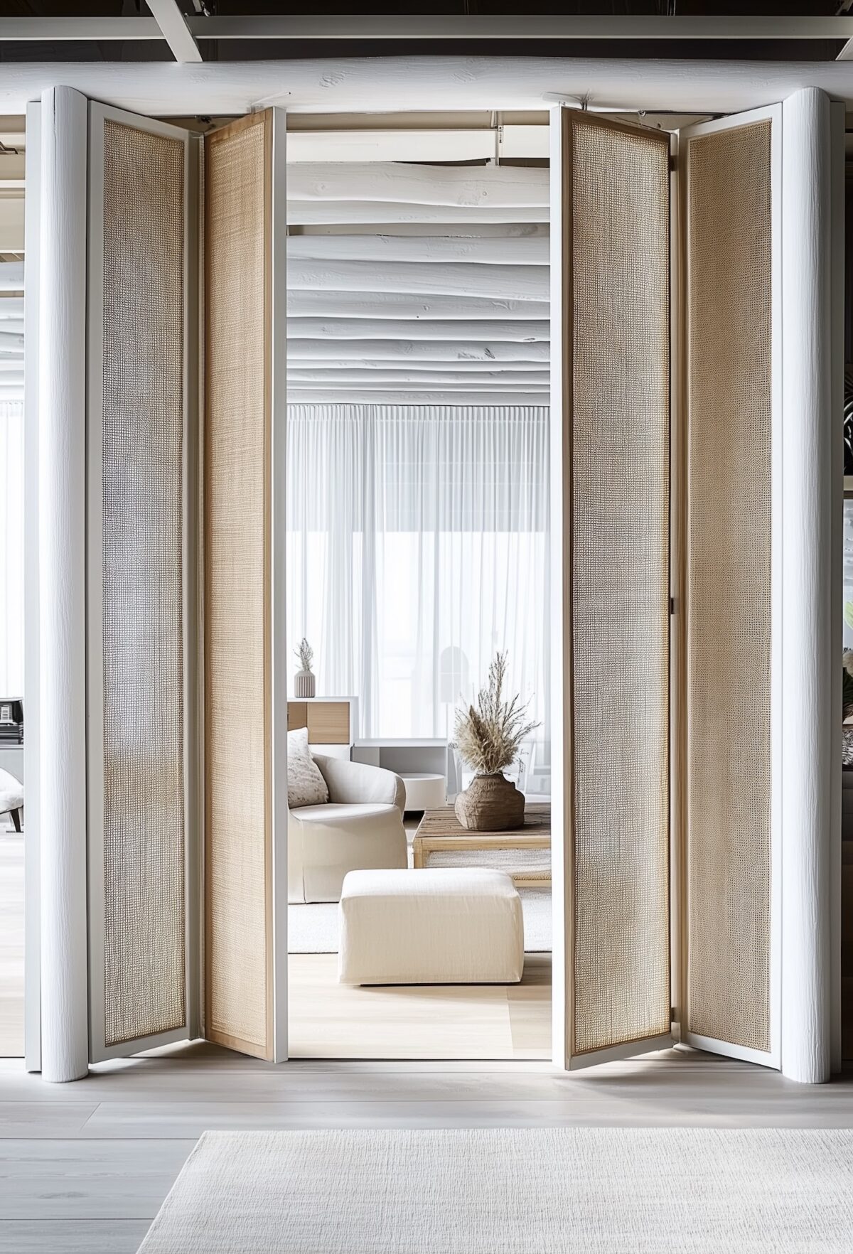 cloison amovible panneaux cannage bois peint blanc