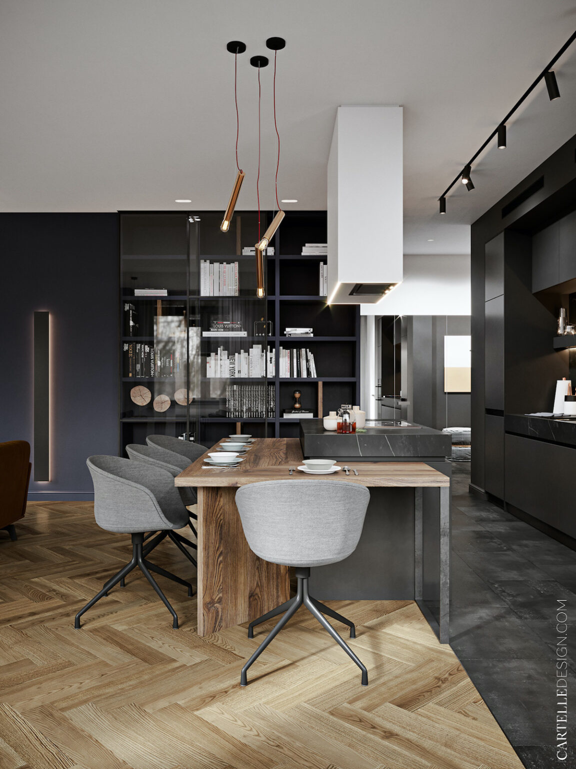 cuisine ouverte mélange parquet carrelage délimiter espace salon