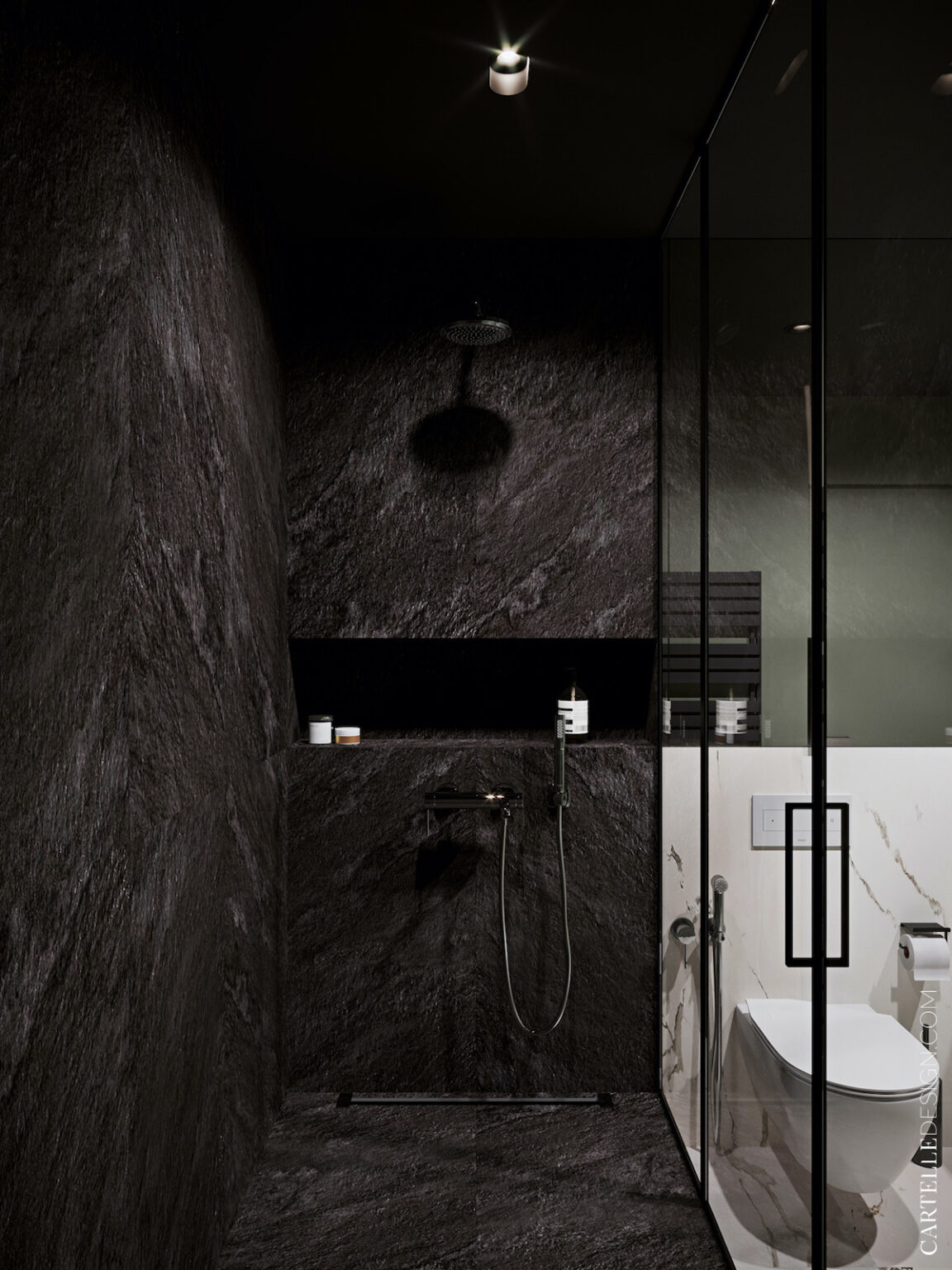 douche italienne noire carrelage effet ardoise roche appartement 3 pièces