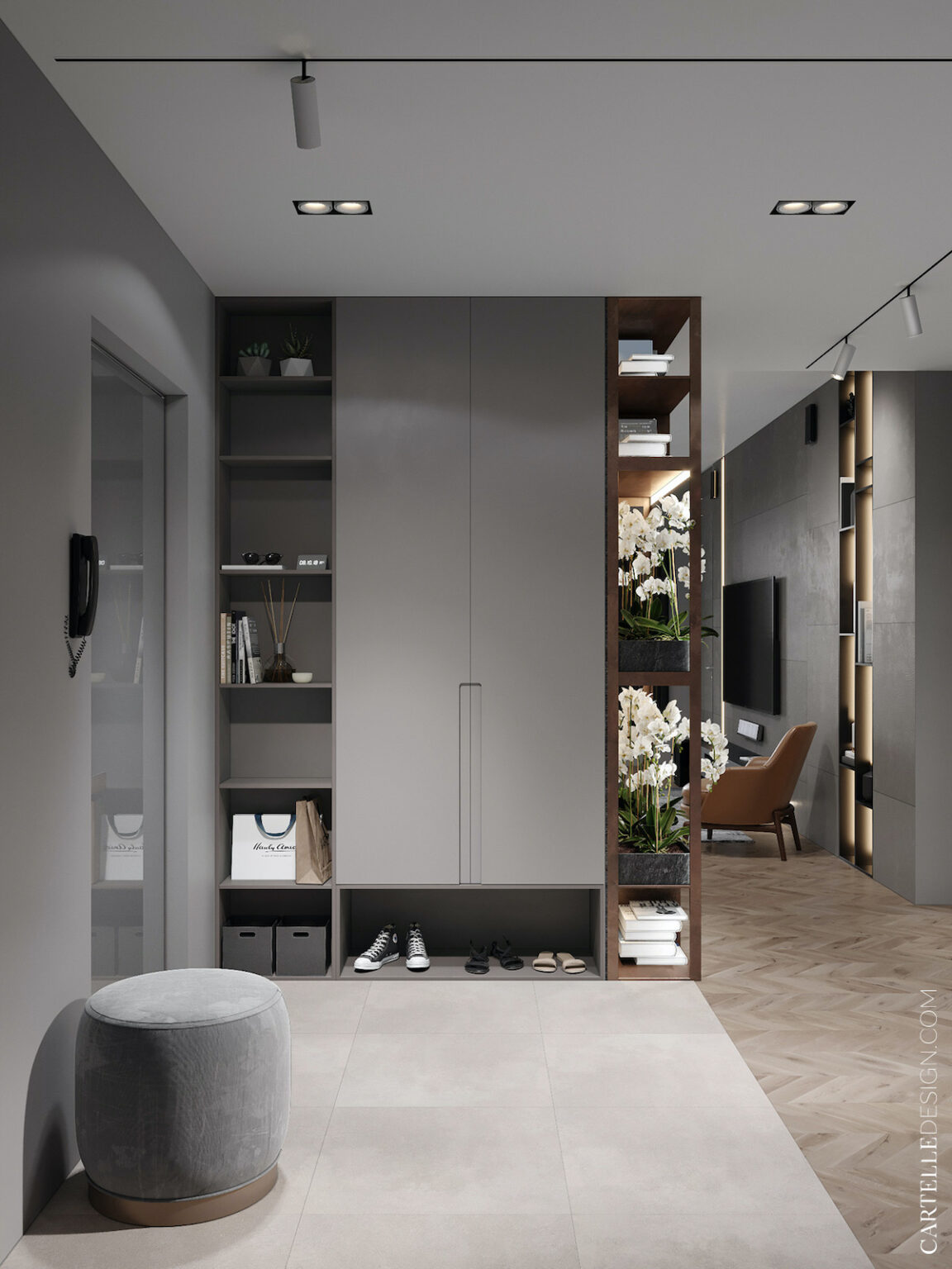 entrée déco gris bois vitrine fleur - blog décoration - clem around the corner