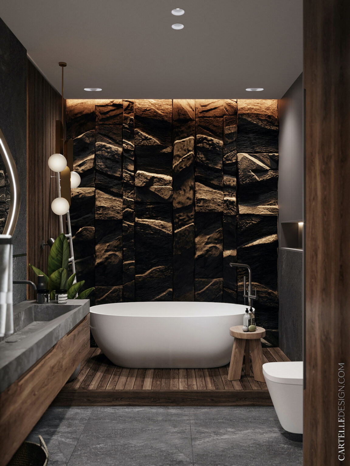 salle de bain gris bois foncé baignoire blanche ilot