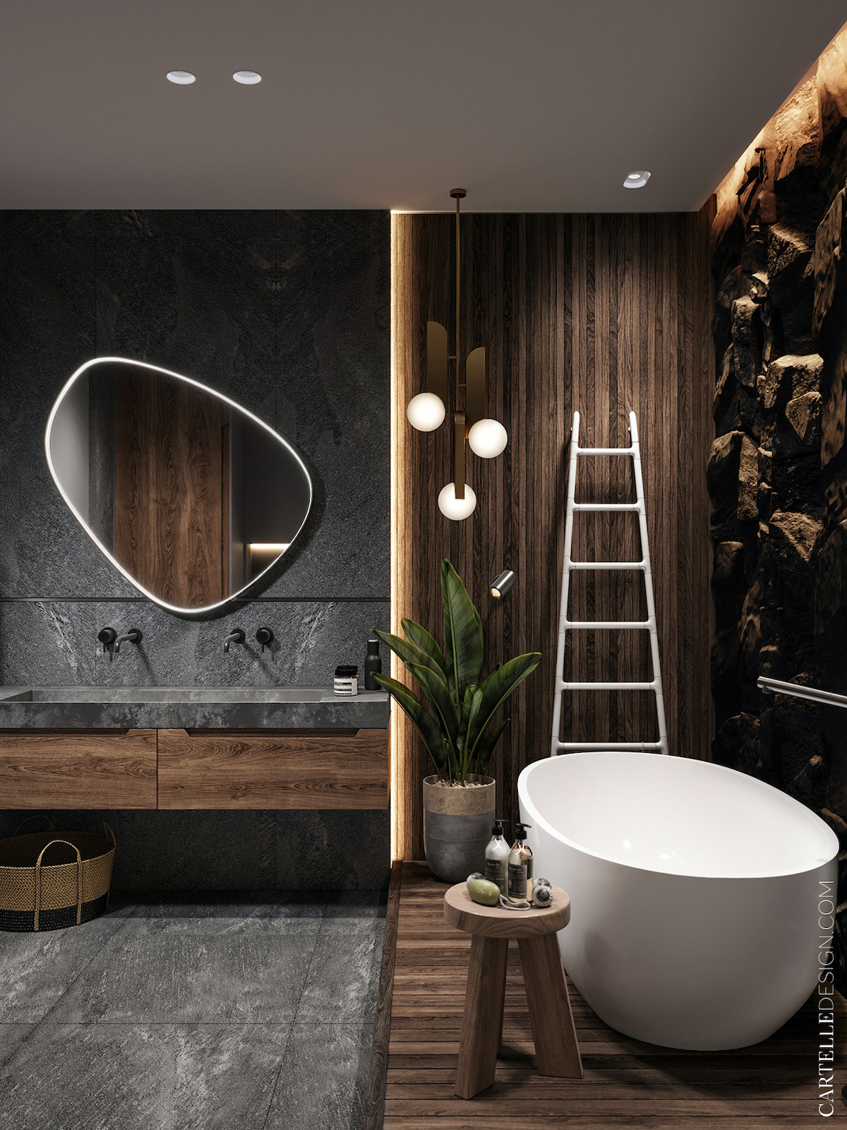salle de bain moderne masculine déco gris bois foncé mineral