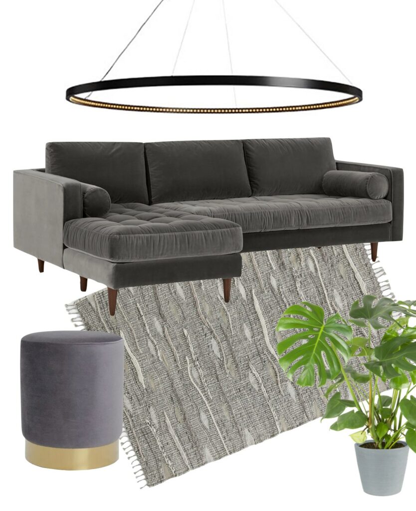 salon gris couleur canapé angle méridienne velours lit pouf rond.001