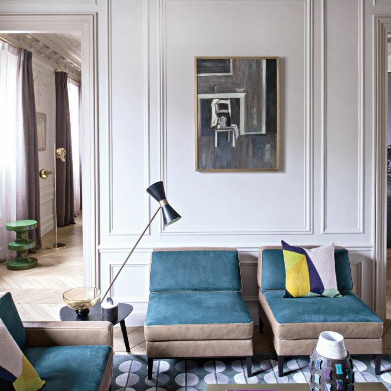 canapé méridienne double place velours bleu marron deco rétro