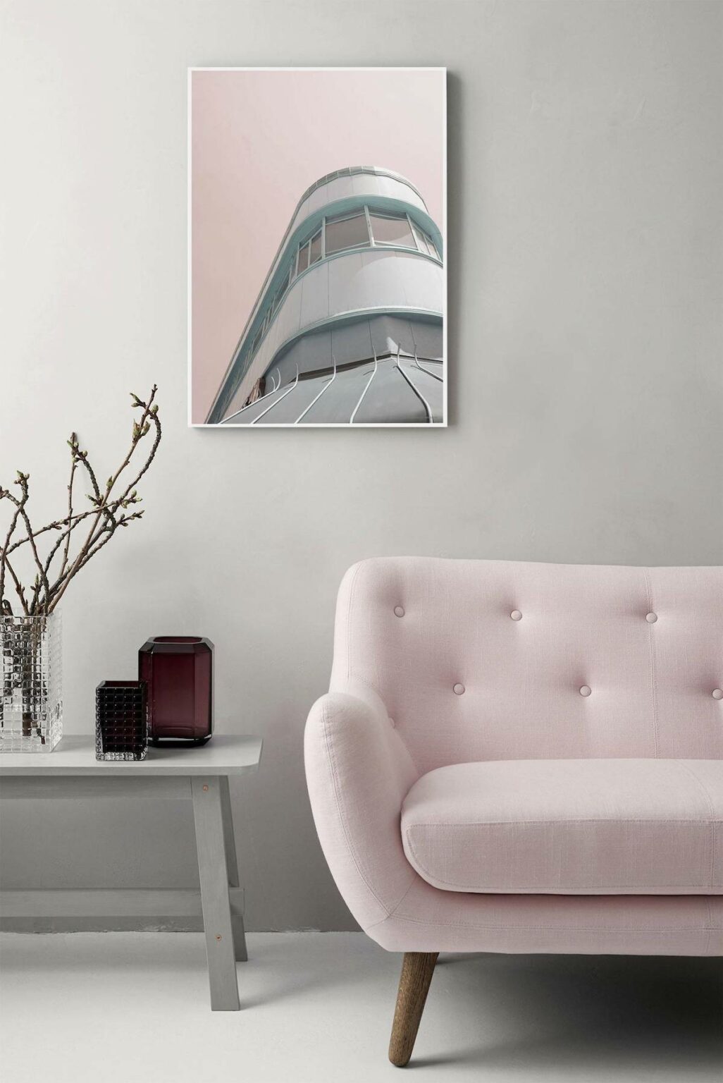 canapé rose pastel pied bois deco scandinave