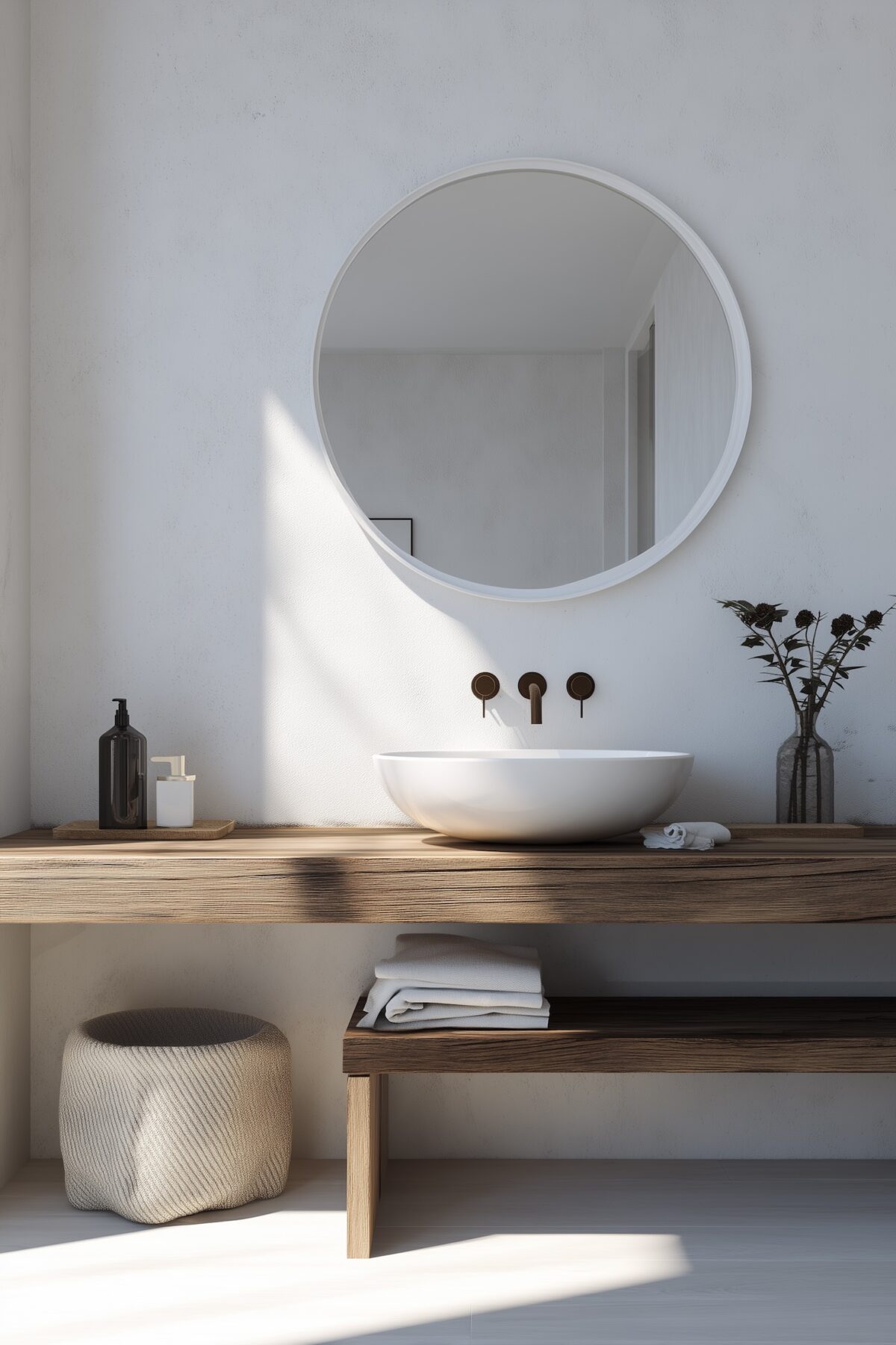 salle de bain béton ciré blanc bois rustique meuble vasque
