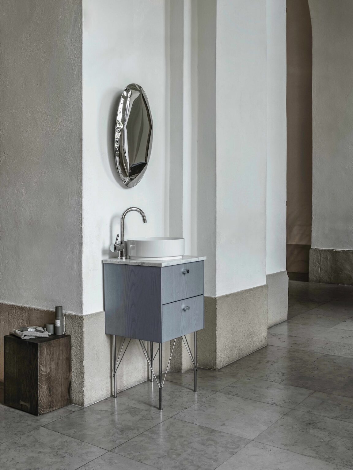 meuble vasque salle de bain étroit bois bleu