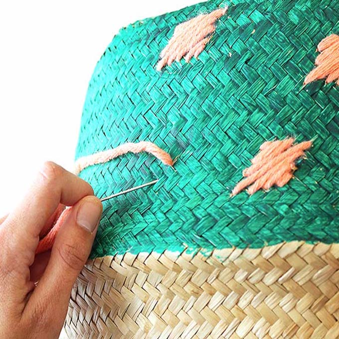peinture vert laine orange corail panier de rangement rond DIY