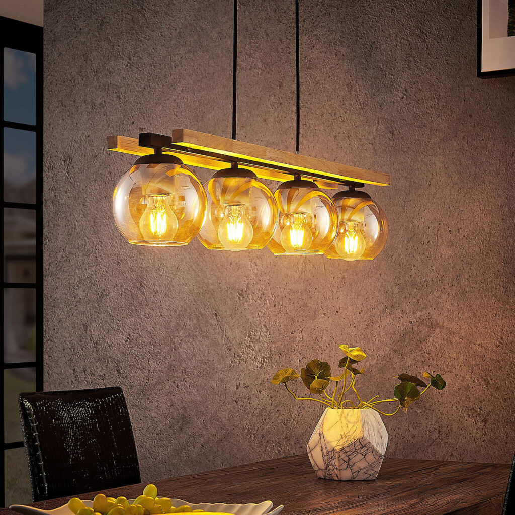 suspension boule en verre bois métal noir table bois inspiration déco intérieur