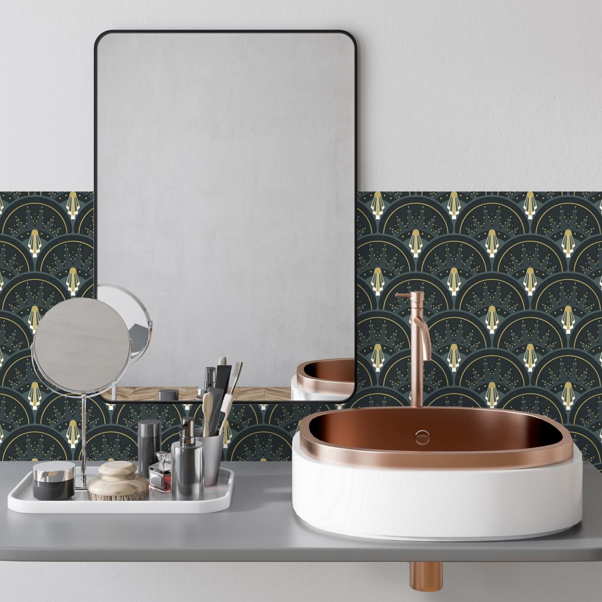 Crédence Adhésive vinyle art deco vert robinet cuivré miroir rond rectangulaire