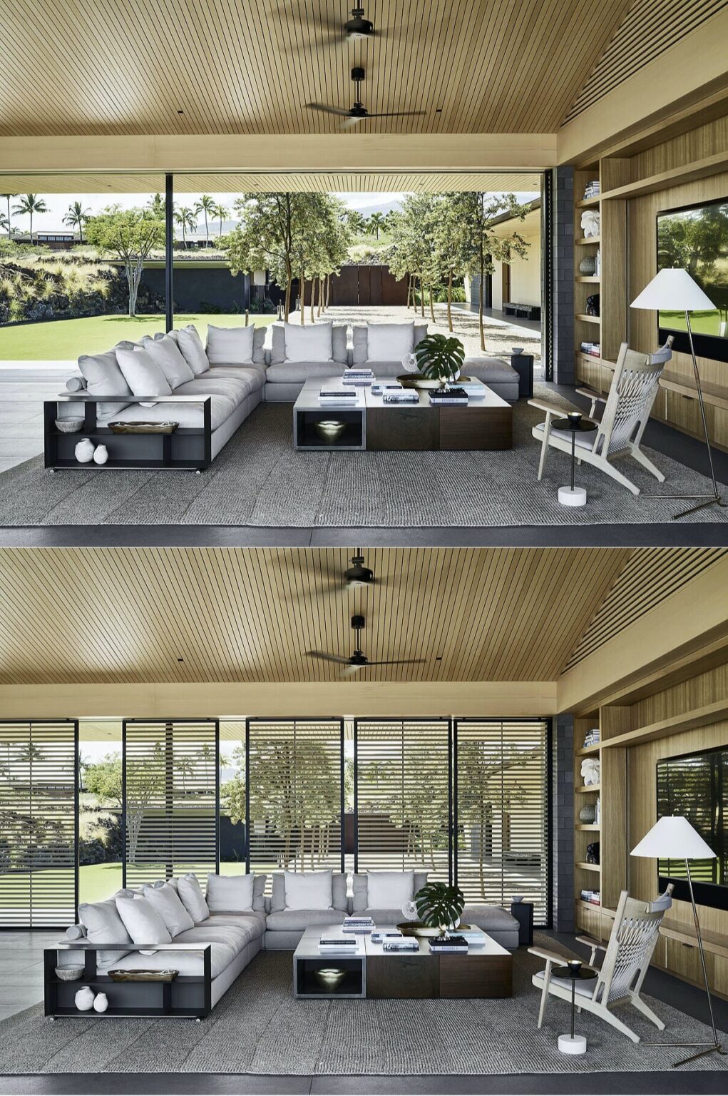 salon panneau bois cèdre meuble acajou moderne
