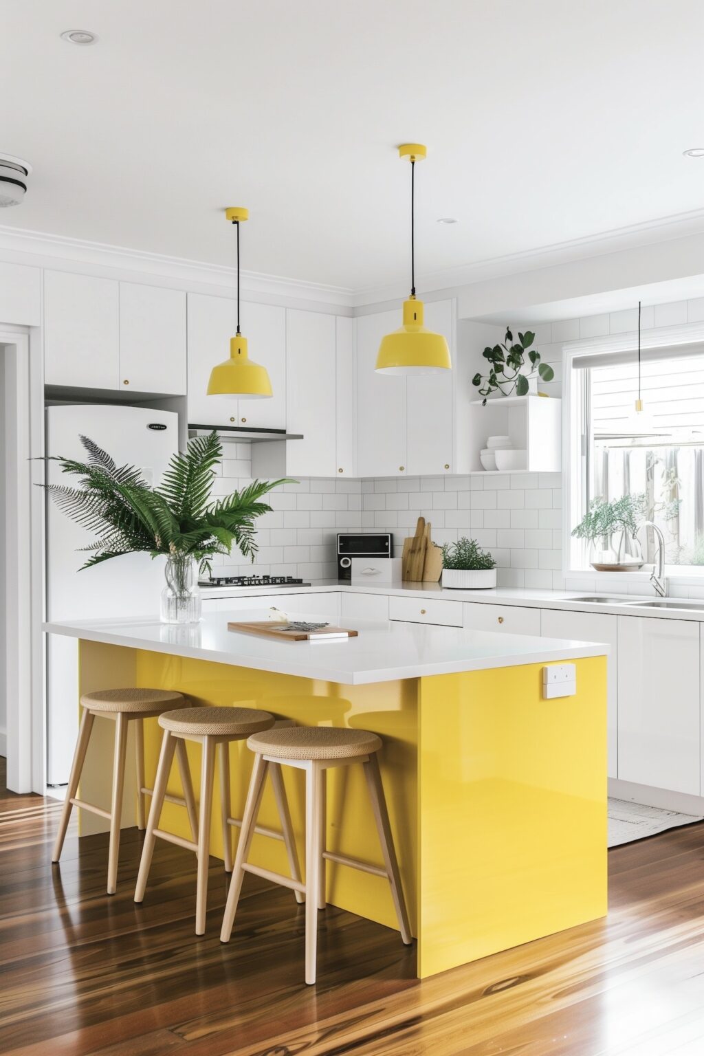 cuisine blanche laquée ilot central jaune soleil
