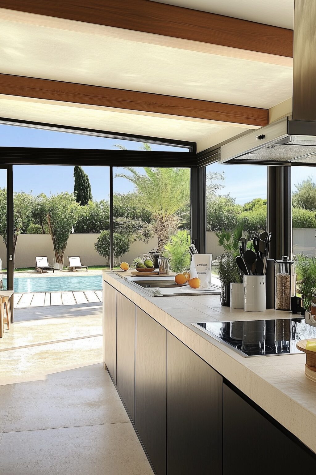 cuisine ouverte véranda piscine maison moderne