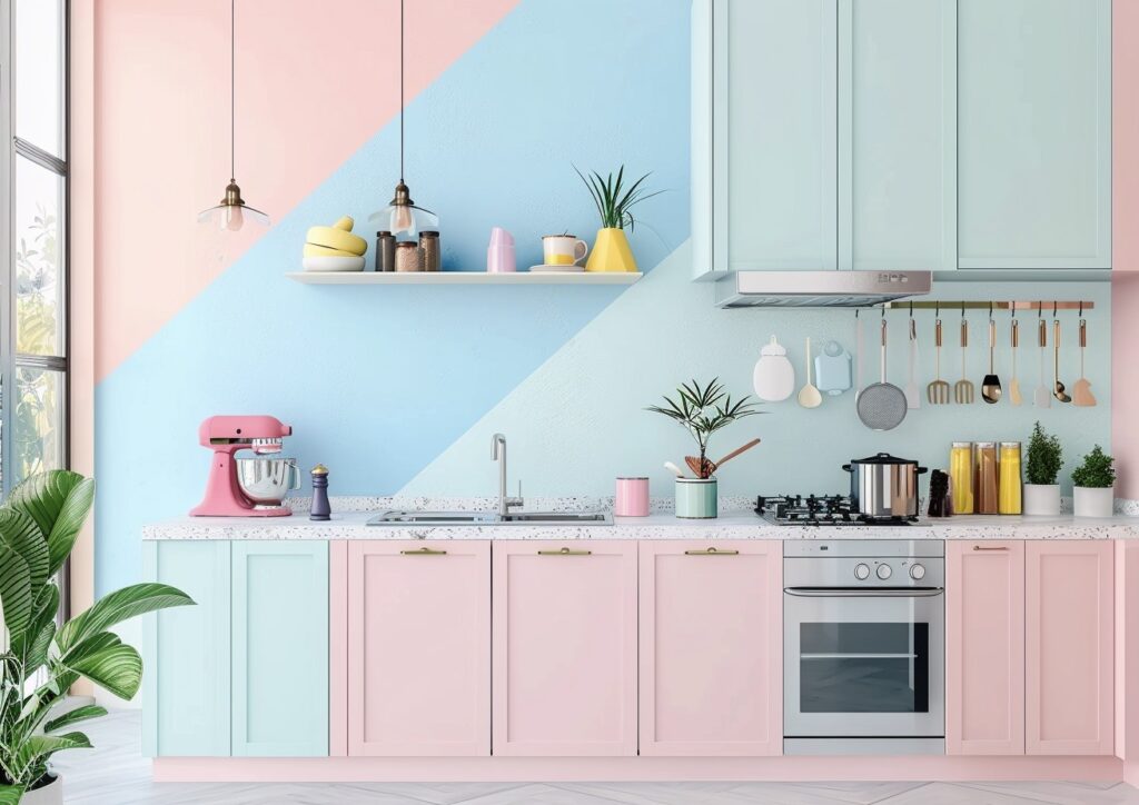 cuisine pastel rose bleu jaune déco colorée rayures