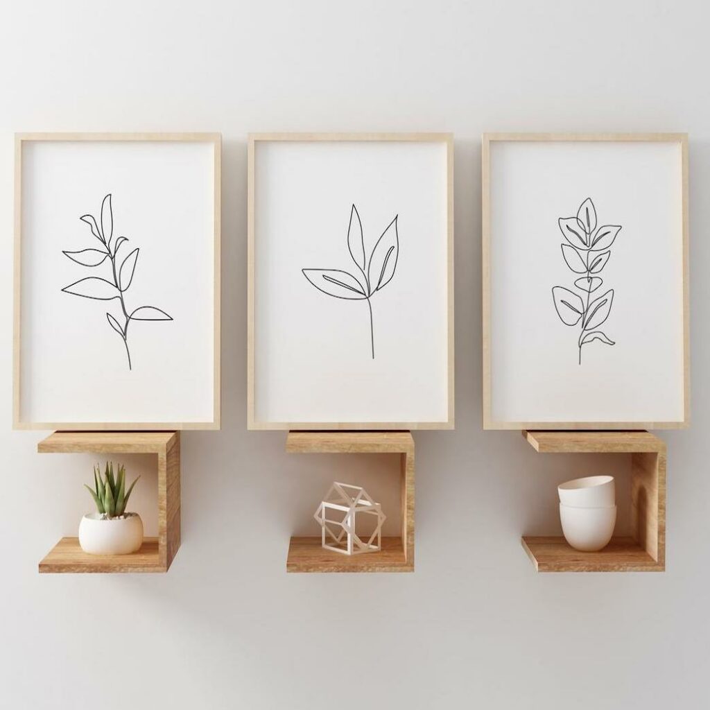 déco murale tableau cadre bois étagère bois claire affiche noir trait fin