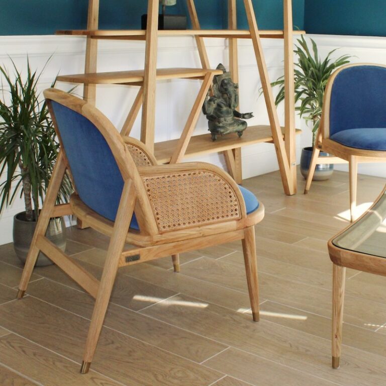 fauteuil marcel la redoute velours bleu cannage bois laiton style bord de mer