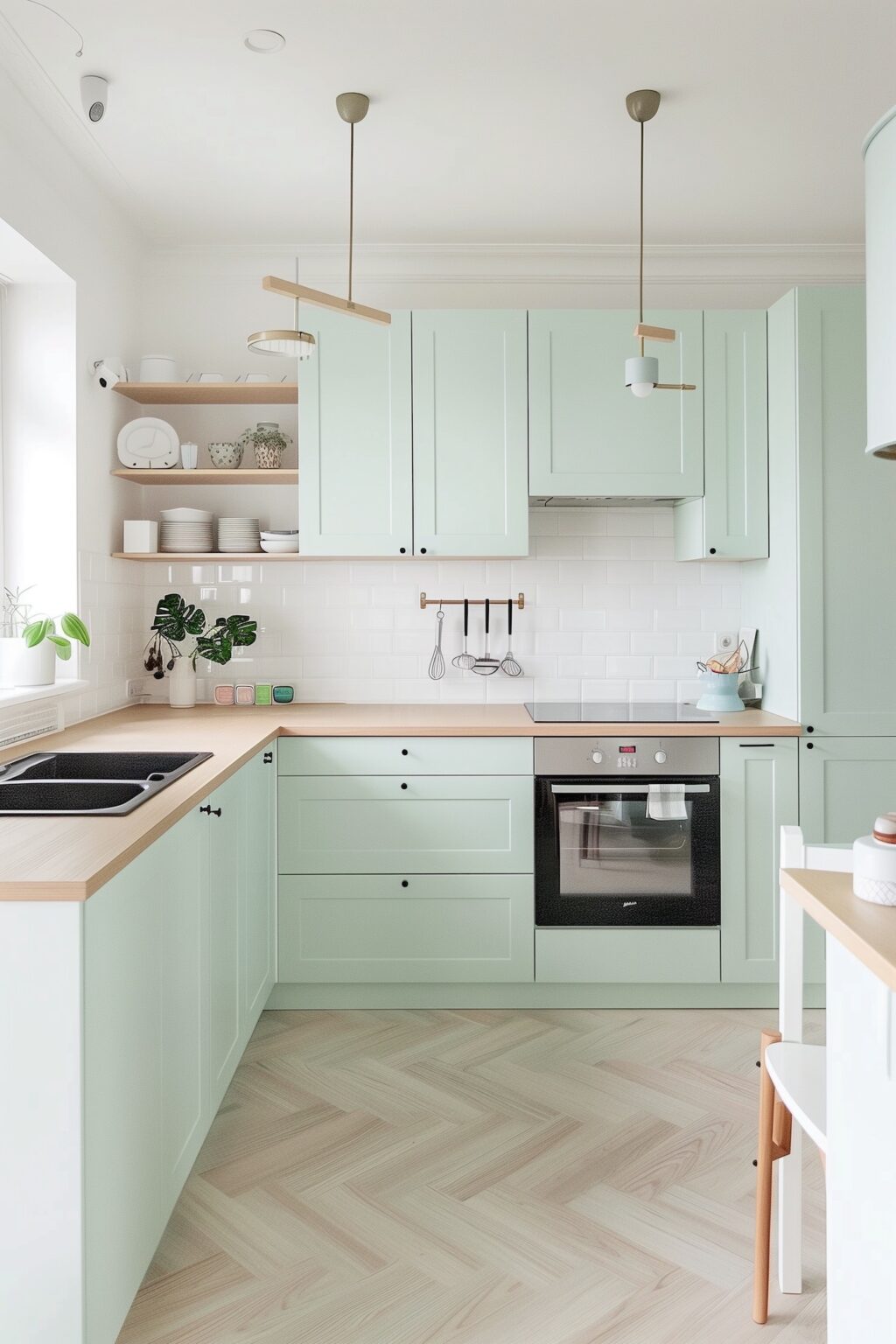 idée aménagement cuisine pastel bois vert clair en u